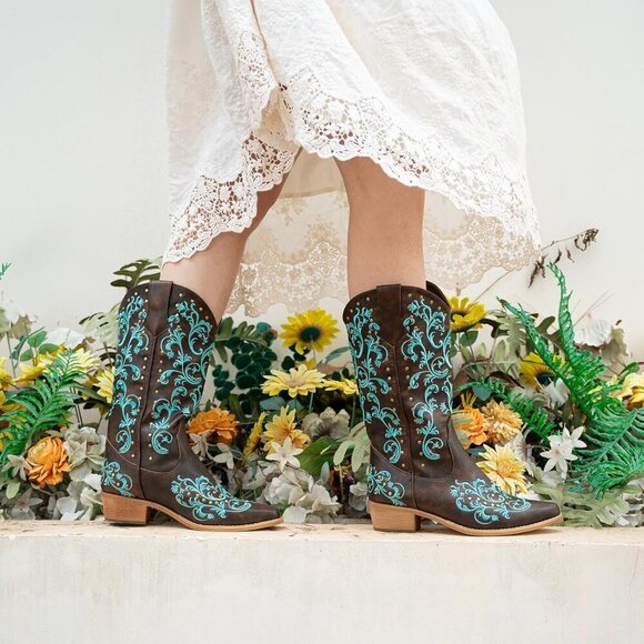 SheSole Ladies Cowboy Boots Fashion Toe Mid Calf Women's Western Cowgirl Boots - Picture 7 of 9